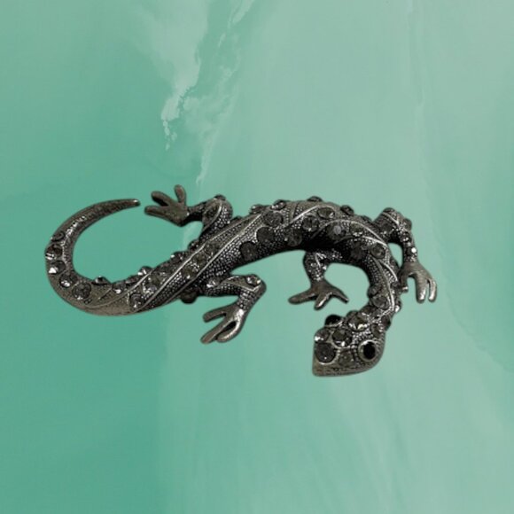 Vintage Silver Tone Rhinestone Lizard Brooch Pin 3 in, Gecko - Picture 4 of 11